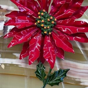 Large Vintage Red Metal Poinsettia Wall Brooch